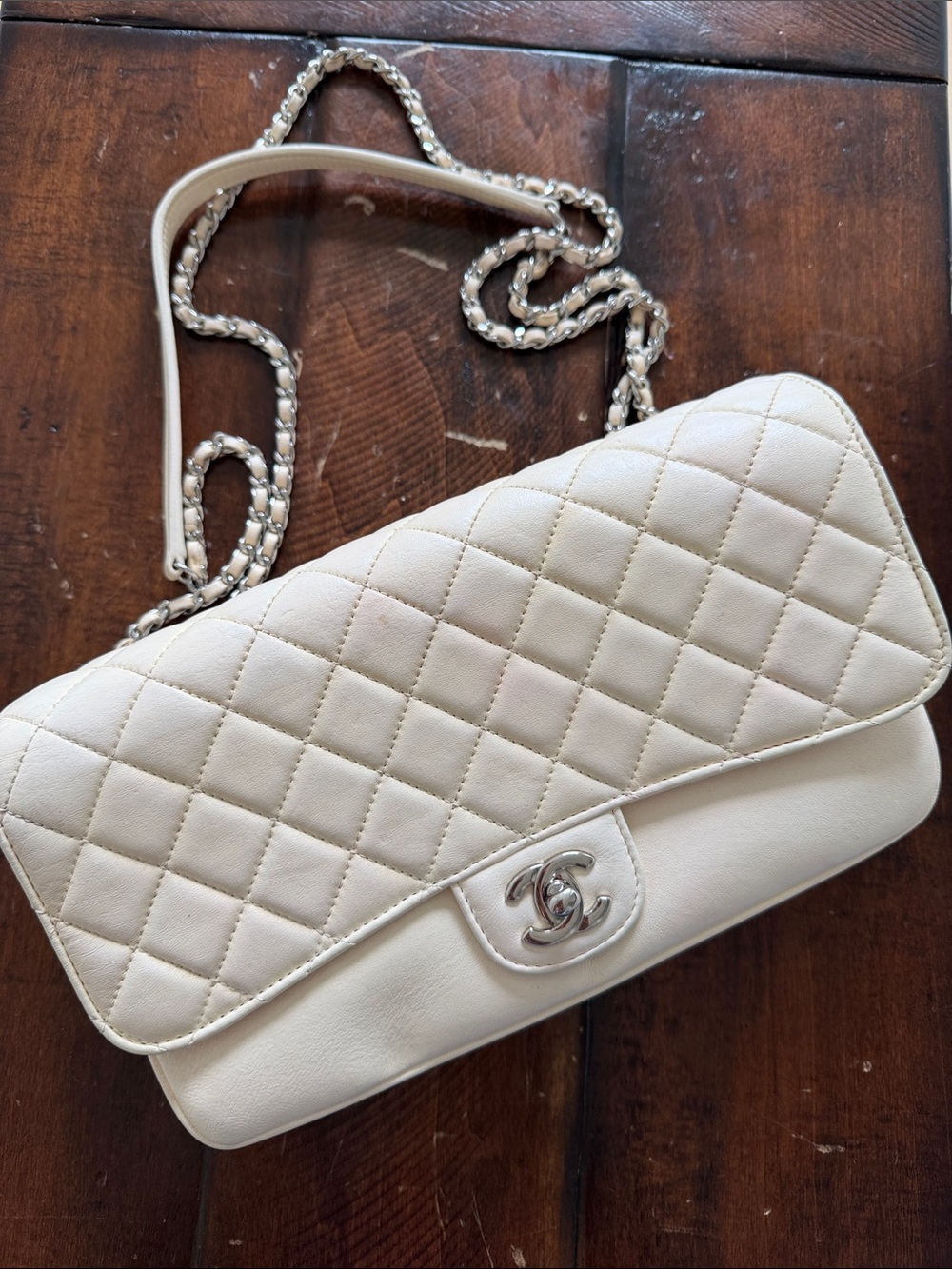 CHANEL Quilted Shoulder Bag in Ivory Cream with Silver Hardware